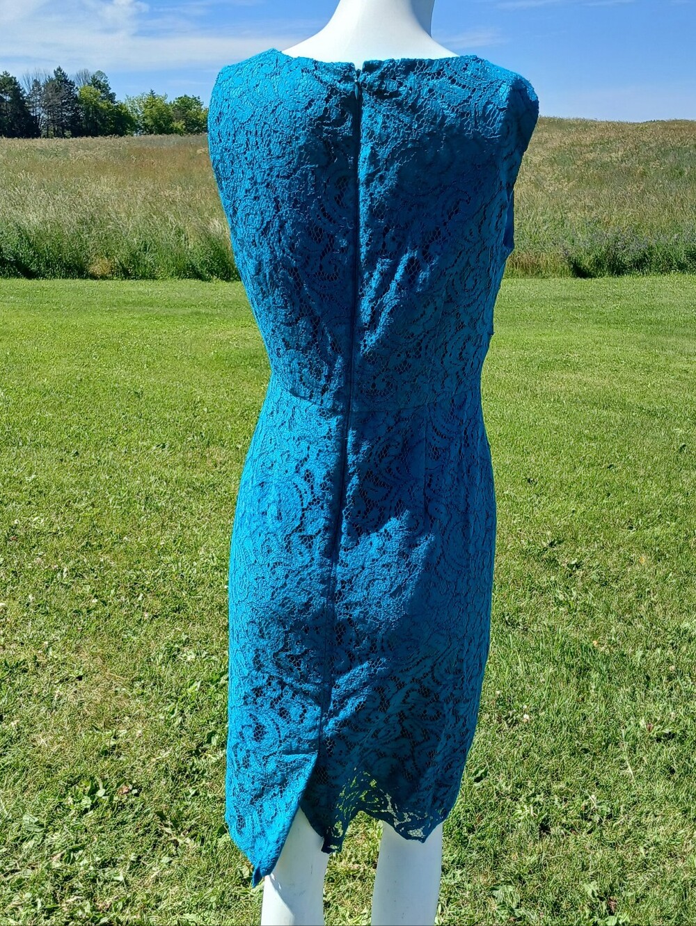 Adrianna Papell Teal Lace Sleeveless Sheath Dress Ruched Cocktail Evening size 4 - Picture 3 of 10